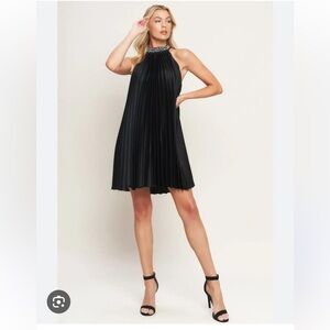 Bedo Pleated Beaded Halter Neck Chic Black Mini Evening Cocktail Dress